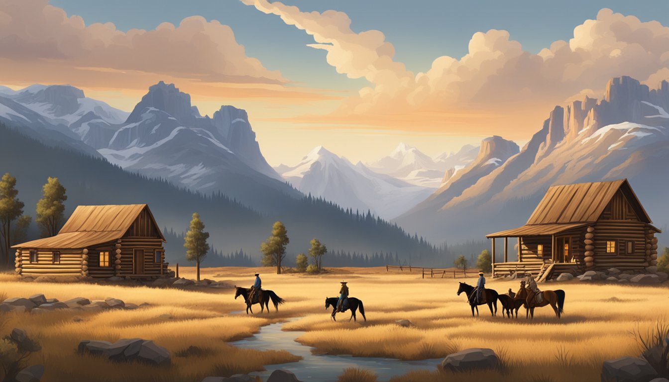 A rugged western landscape with log cabins, horses, and cowboys, set against a backdrop of towering mountains and wide open prairies