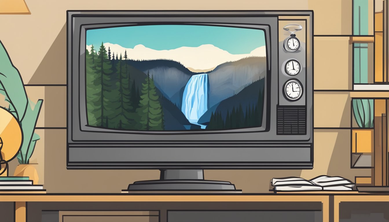 A television screen displaying the Yellowstone show with a clock in the background showing the current time