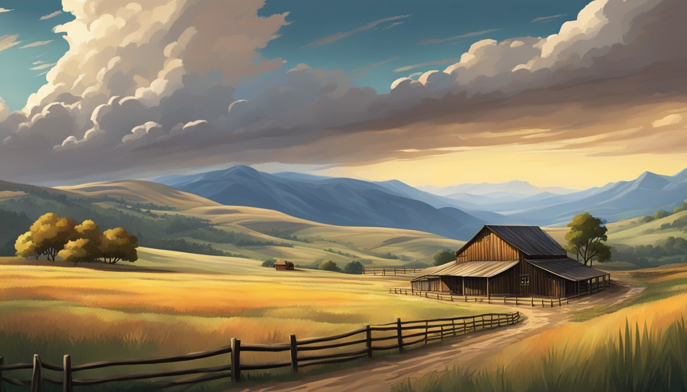 A rustic western landscape with a sprawling ranch, rolling hills, and a dramatic sky