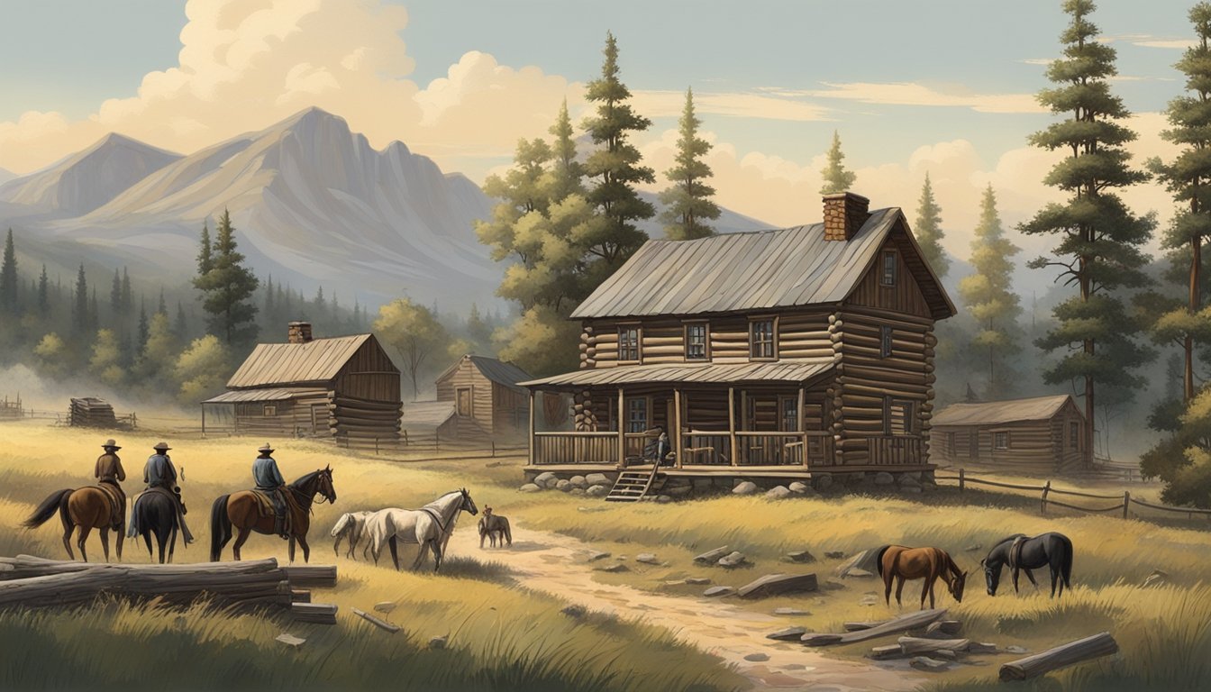 The scene is set in the late 19th century, with log cabins, horses, and open prairie in the background. The setting is rugged and wild, with a sense of isolation and frontier living