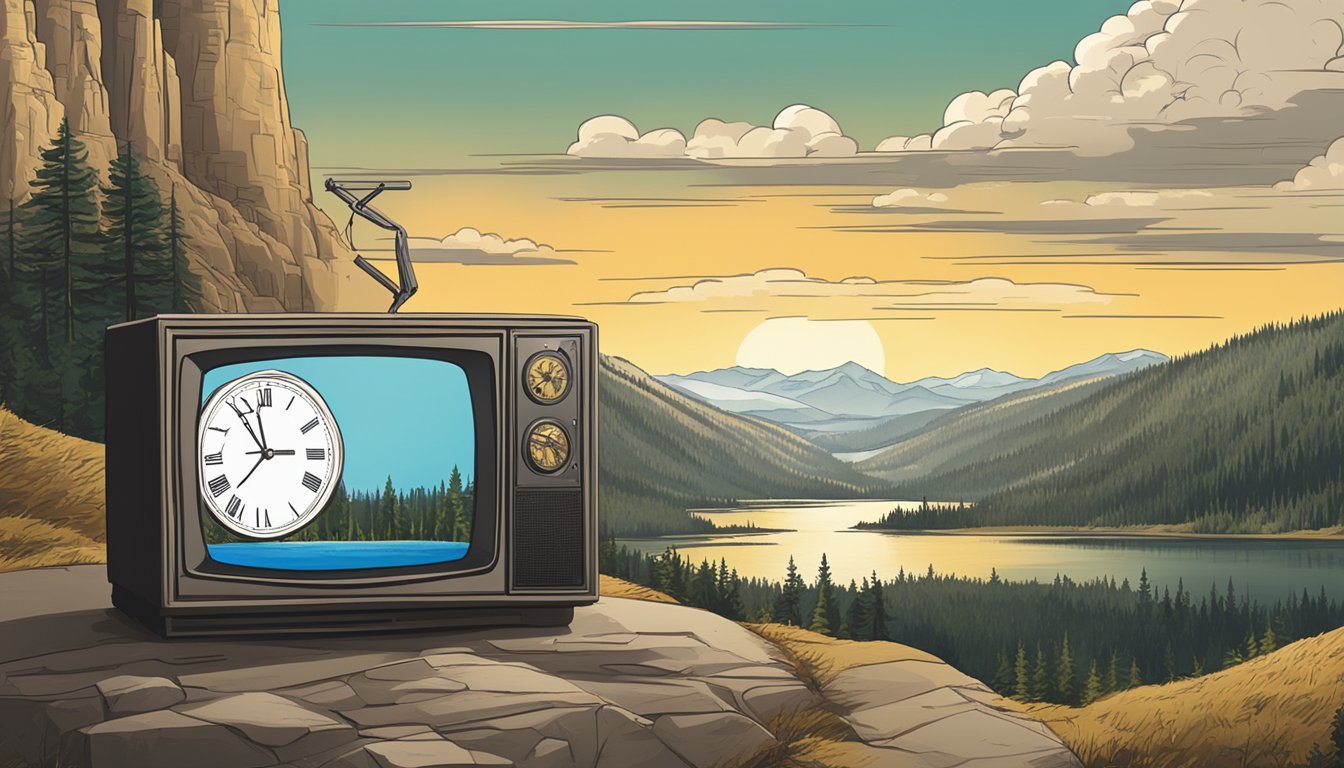 A picturesque landscape with a TV screen showing the live broadcast of Yellowstone, with a clock displaying the air time