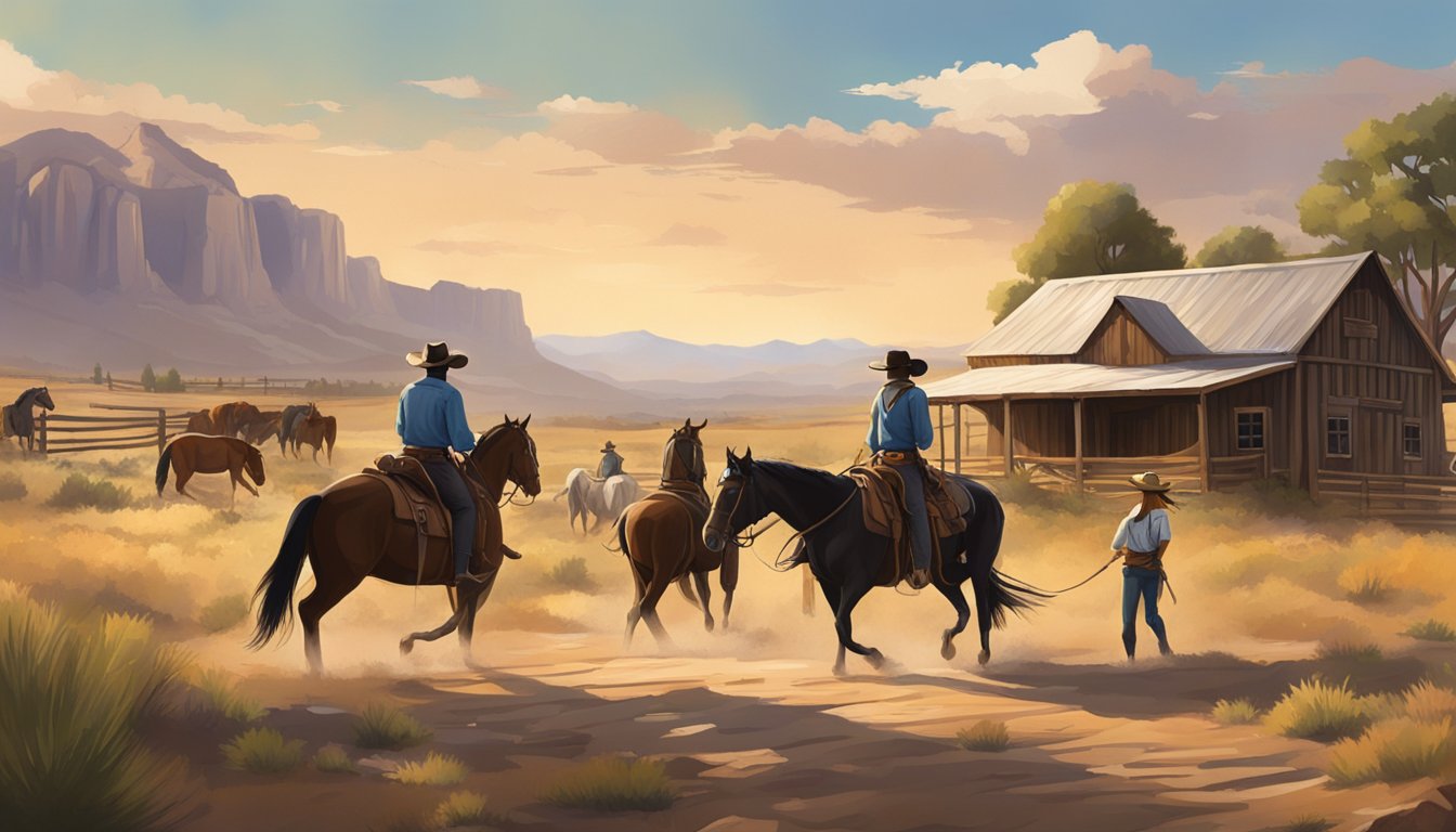 The scene is set in the modern-day American West, featuring a rustic ranch with horses, cowboys, and sweeping landscapes