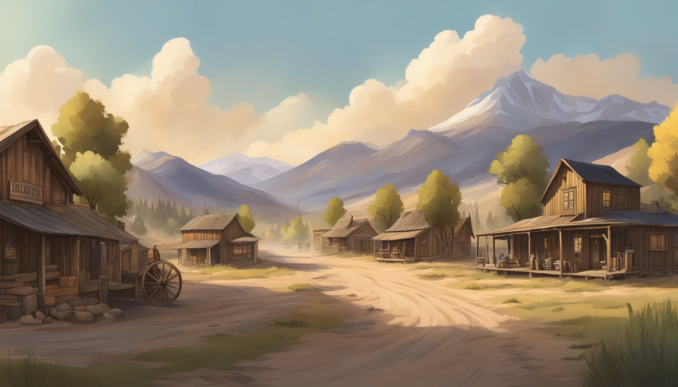 The scene depicts a rustic Western town with wooden buildings, dirt roads, and a backdrop of rugged mountains