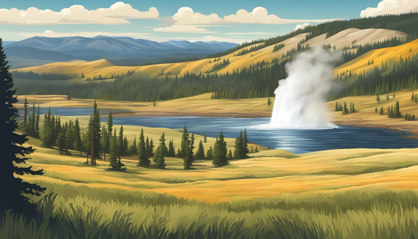 A sweeping view of the rugged and picturesque landscapes of Montana, with rolling hills, dense forests, and the iconic geysers of Yellowstone National Park