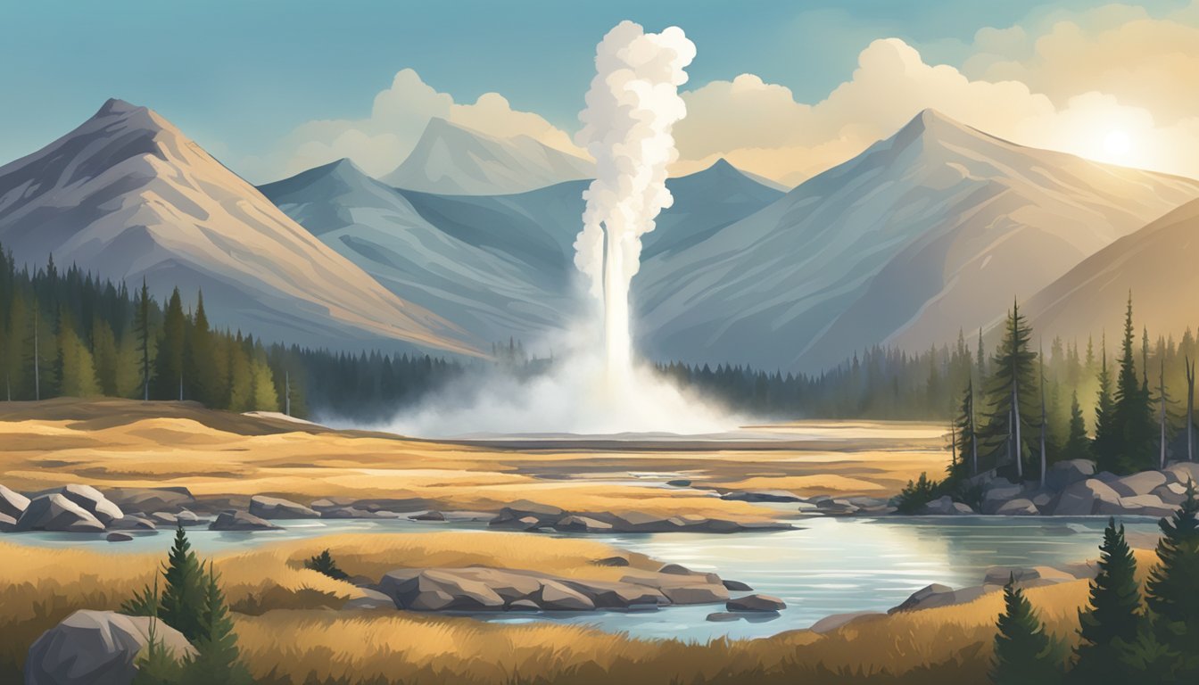 A rugged landscape with geysers and mountains, set in the state of Montana