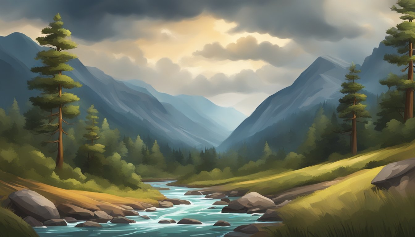 The scene is set in a rugged, mountainous landscape with a flowing river, dense pine forests, and a dramatic sky with storm clouds