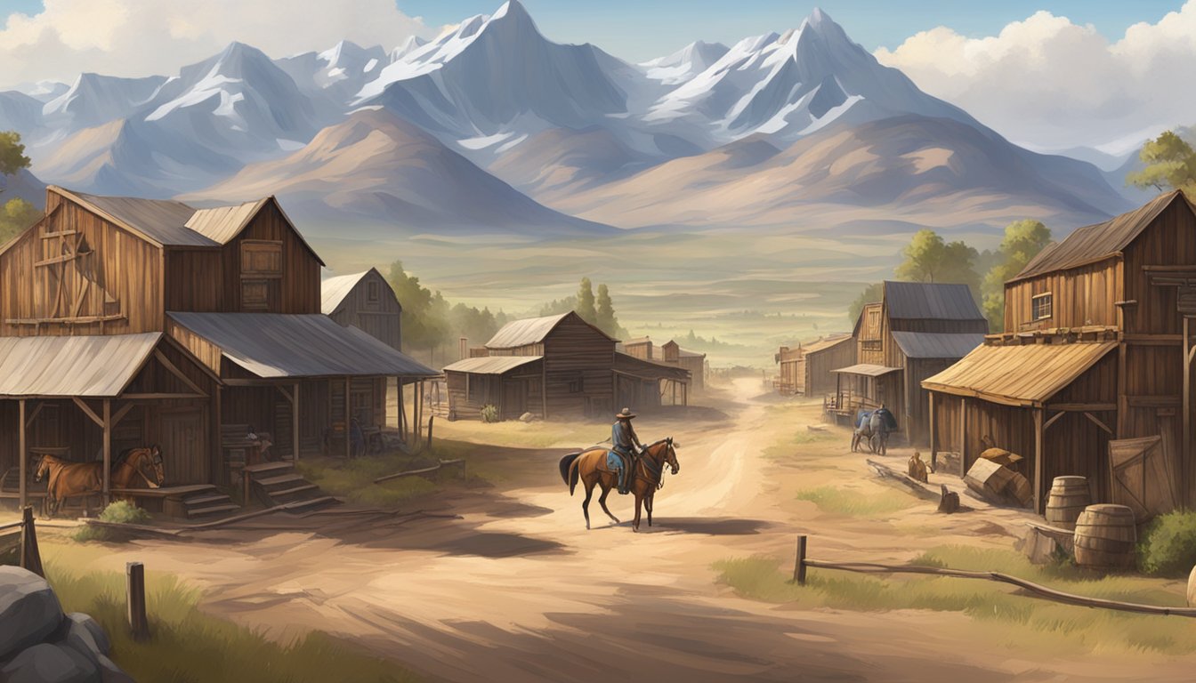 A rustic western town with wooden buildings, dirt roads, and horses tied up outside. The landscape features rugged mountains and open plains