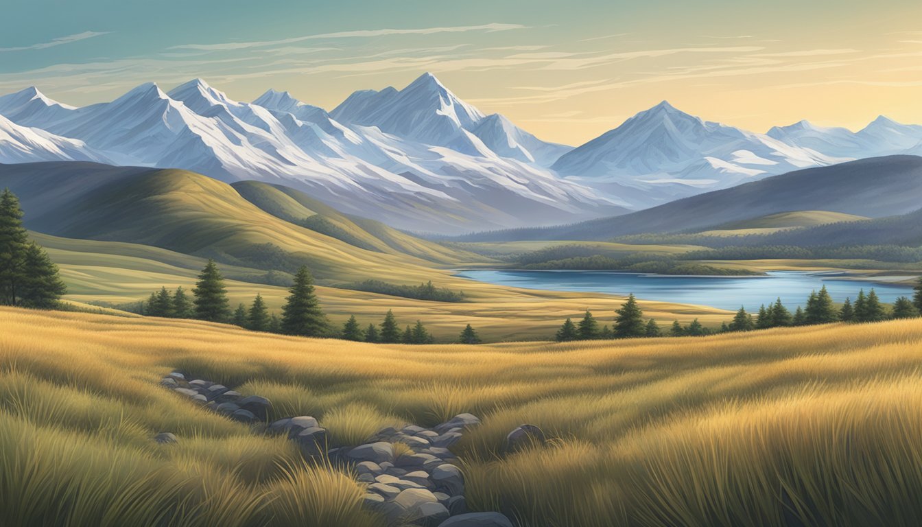 A vast, rugged landscape with rolling hills, tall grass, and snow-capped mountains in the distance