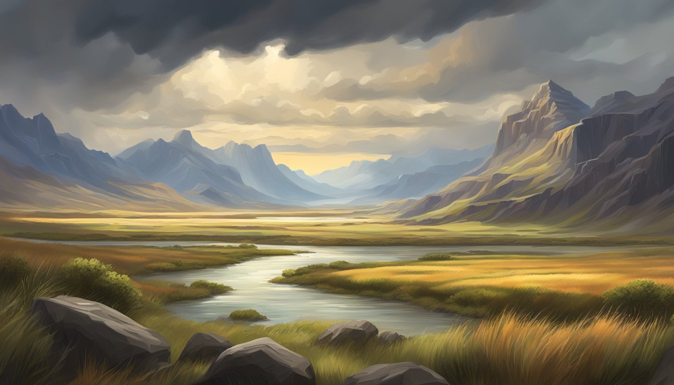 A sprawling western landscape with rugged mountains, a flowing river, and a vast expanse of grassland under a dramatic, stormy sky