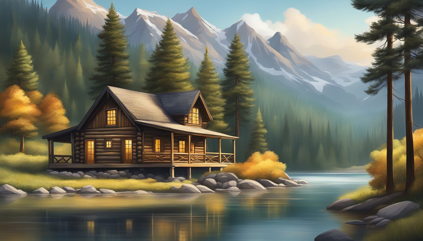 A rustic cabin nestled in the rugged mountains, surrounded by towering pine trees and a tranquil river flowing nearby