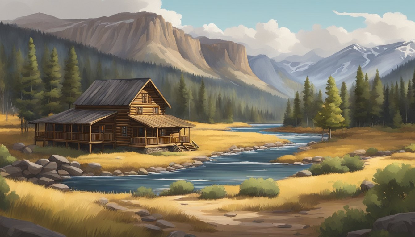 The scene is set in a rustic, western-themed town with log cabins, a saloon, and a dirt road. The landscape features rugged mountains and a flowing river, capturing the essence of the Yellowstone series