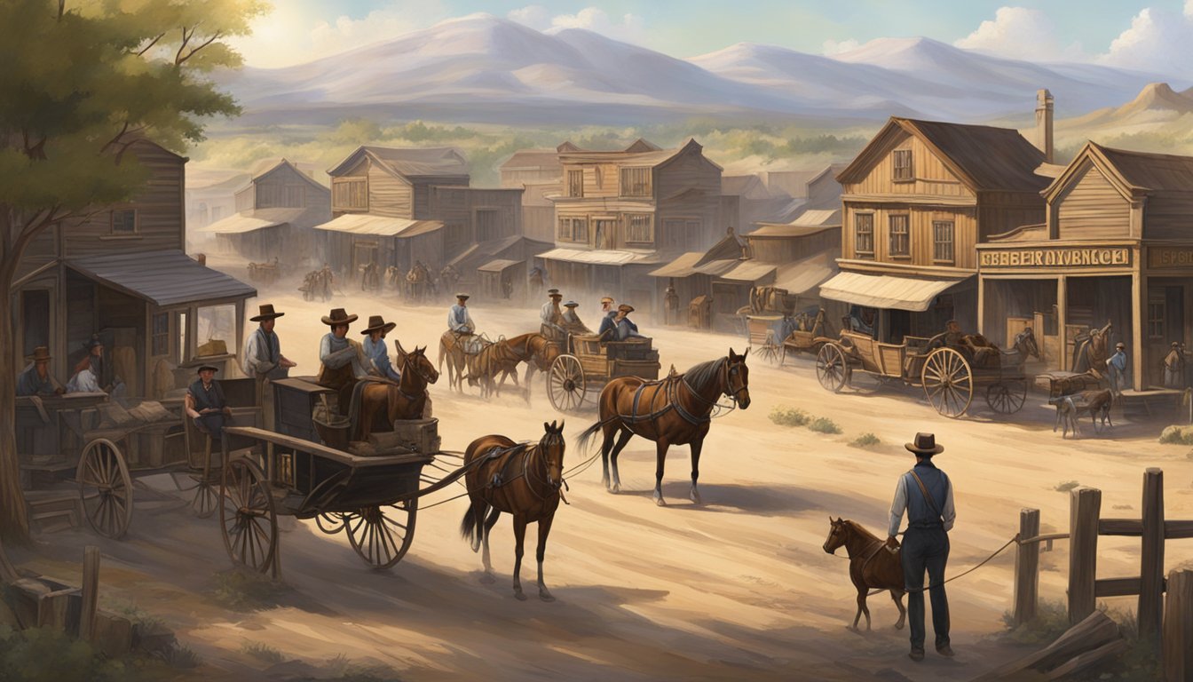 The scene depicts a rustic western town with wooden buildings, horse-drawn carriages, and cowboys in wide-brimmed hats, indicating a setting in the late 1800s