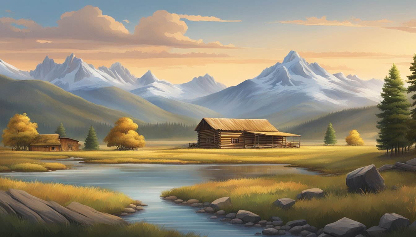 Rolling plains with a backdrop of rugged mountains, a flowing river, and a lone log cabin nestled in the valley