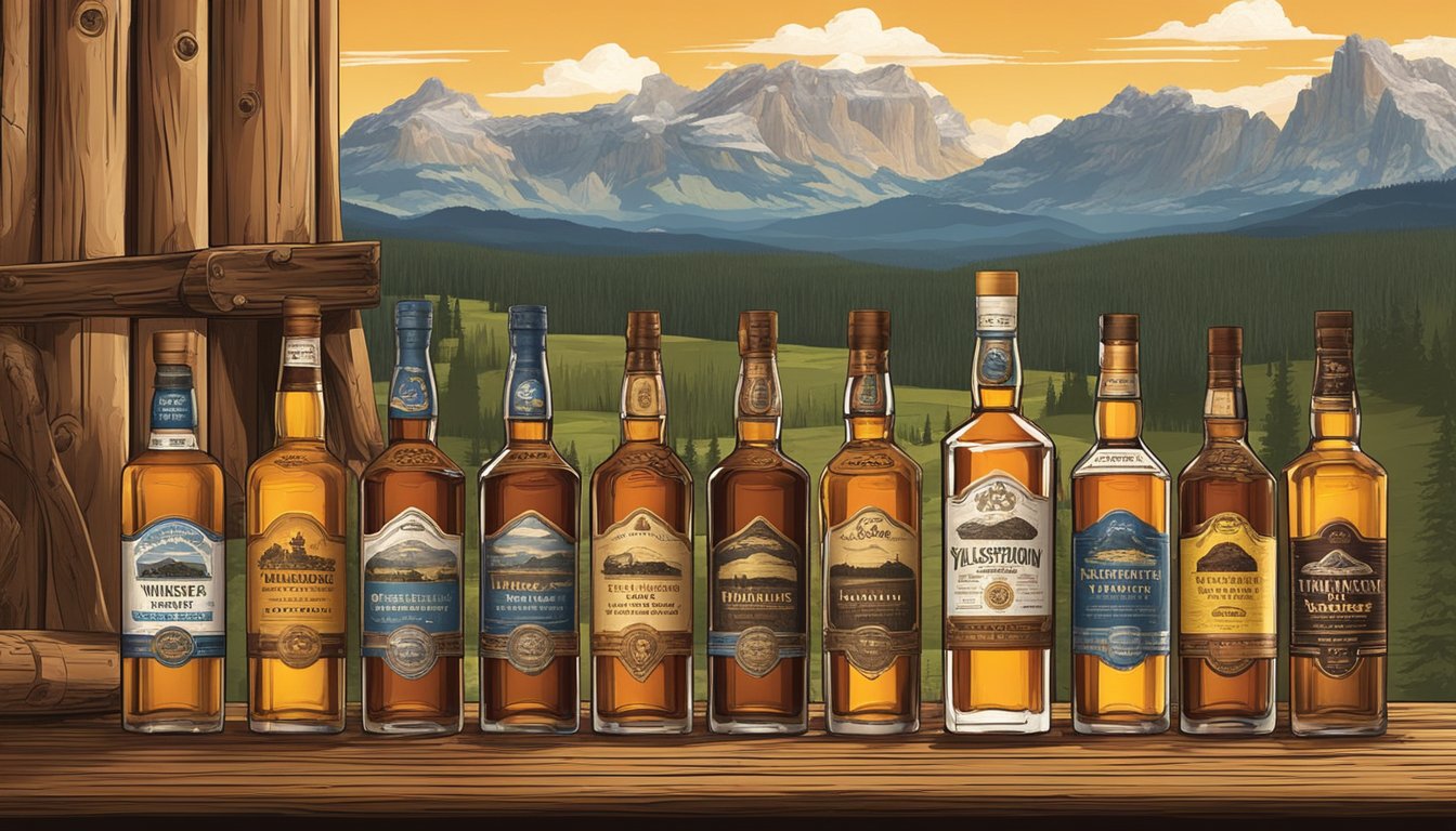 A rugged wooden bar with a row of various whiskey bottles, including the iconic Yellowstone brand, set against a backdrop of a wild western landscape