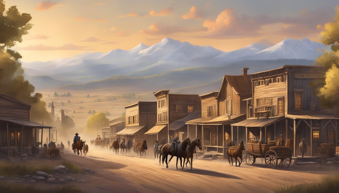 A rustic, Western town with wooden buildings and dirt roads. Horses and wagons fill the streets, and cowboys and ranchers go about their daily business