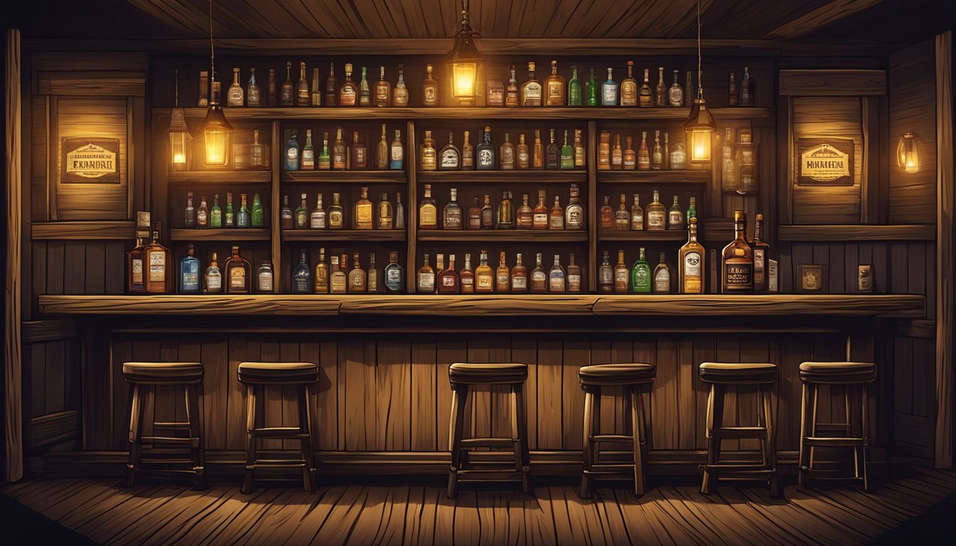 A bottle of branded whiskey prominently displayed on a rustic wooden bar in a dimly lit saloon