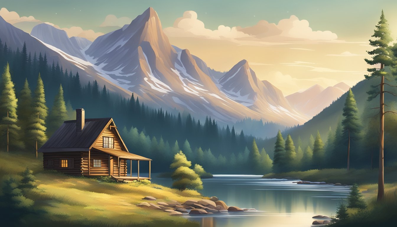 A rustic cabin in a vast, mountainous landscape with a river running through it, surrounded by dense forest and wildlife