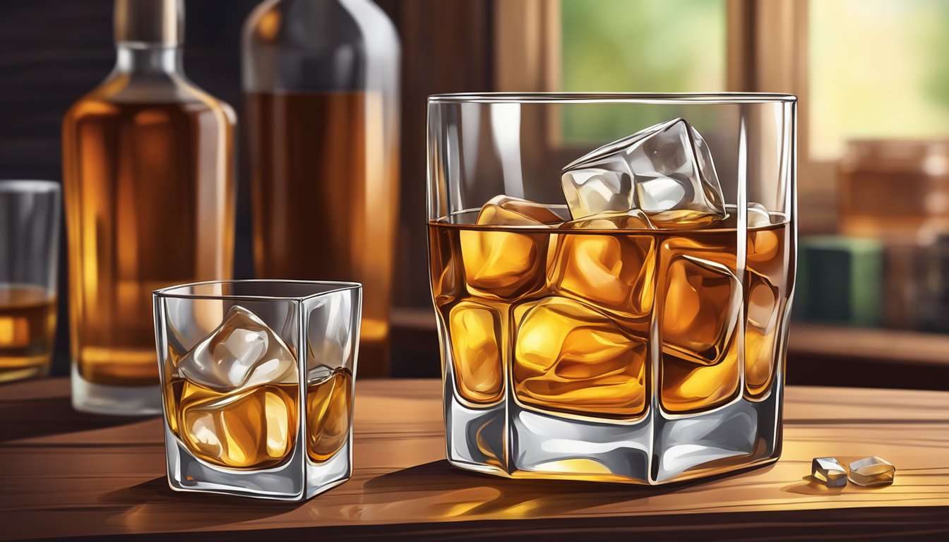 A glass of amber whiskey sits on a wooden table, surrounded by a bottle and a few ice cubes