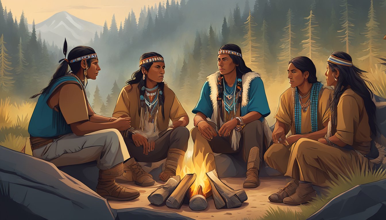 A group of Native American tribal members gathered around a campfire, with traditional clothing and accessories, in a remote wilderness setting