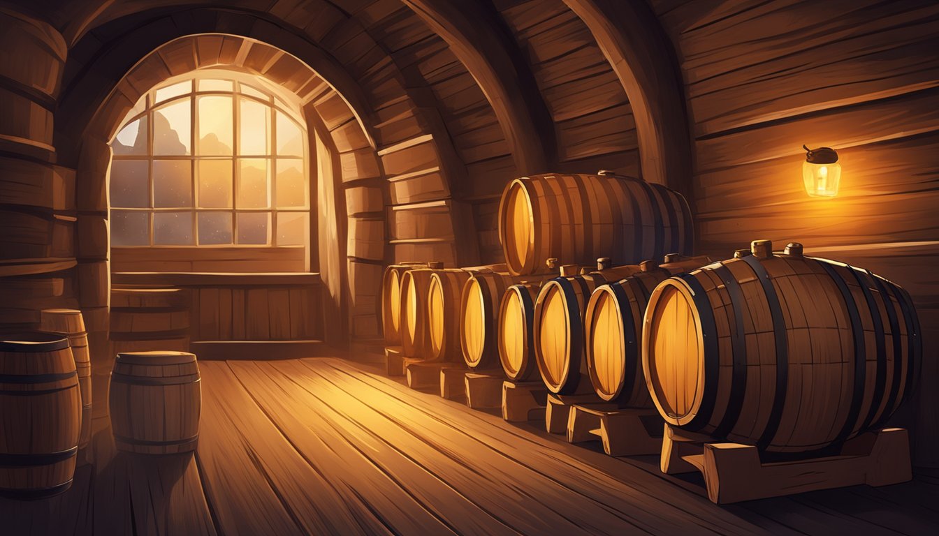 A wooden barrel of whiskey aging in a dimly lit cellar with a warm, amber glow emanating from within