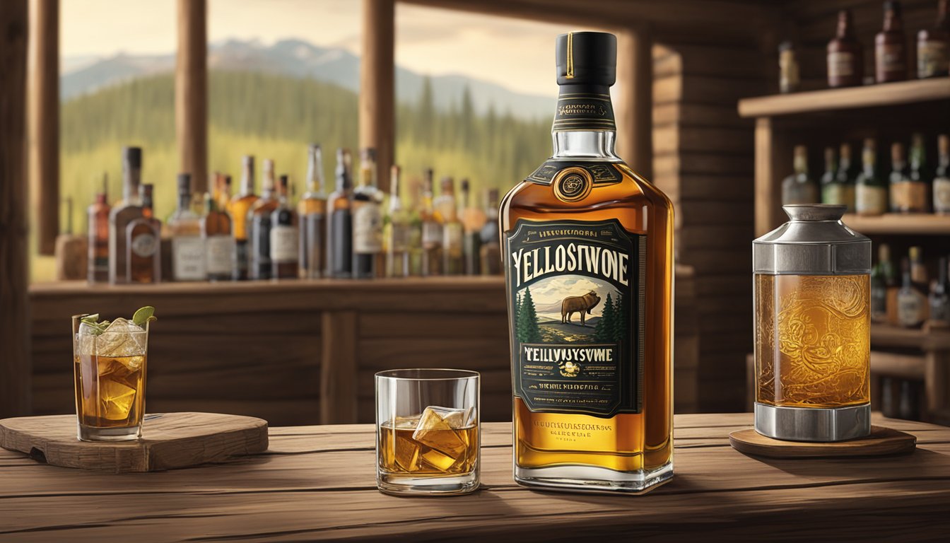 A bottle of whiskey sits on a rustic wooden table, surrounded by other alcoholic beverages. The label is prominently displayed, with the Yellowstone logo visible