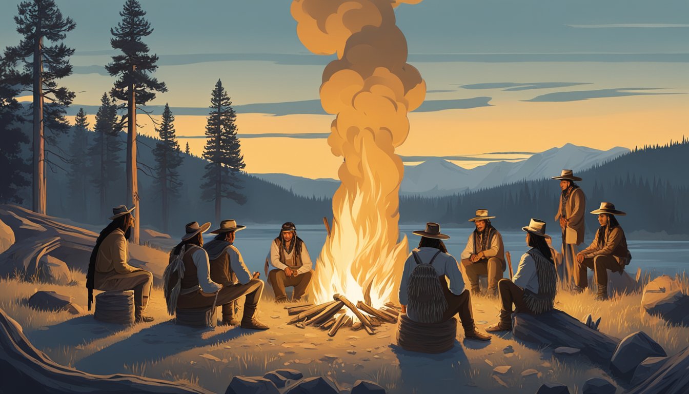 A group of Native American tribal members gather around a campfire in the wilderness of Yellowstone National Park