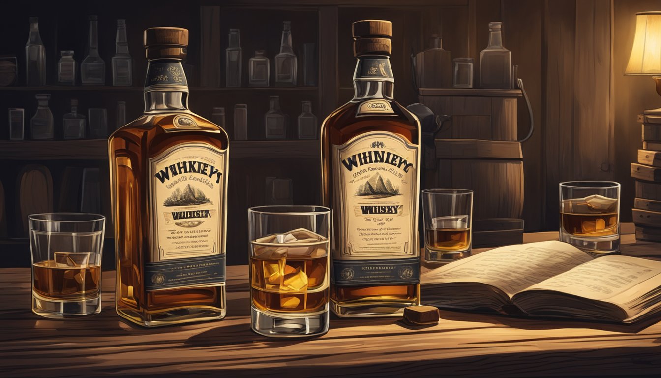 A bottle of whiskey sits on a rustic wooden table, surrounded by glasses and a cozy, dimly lit atmosphere