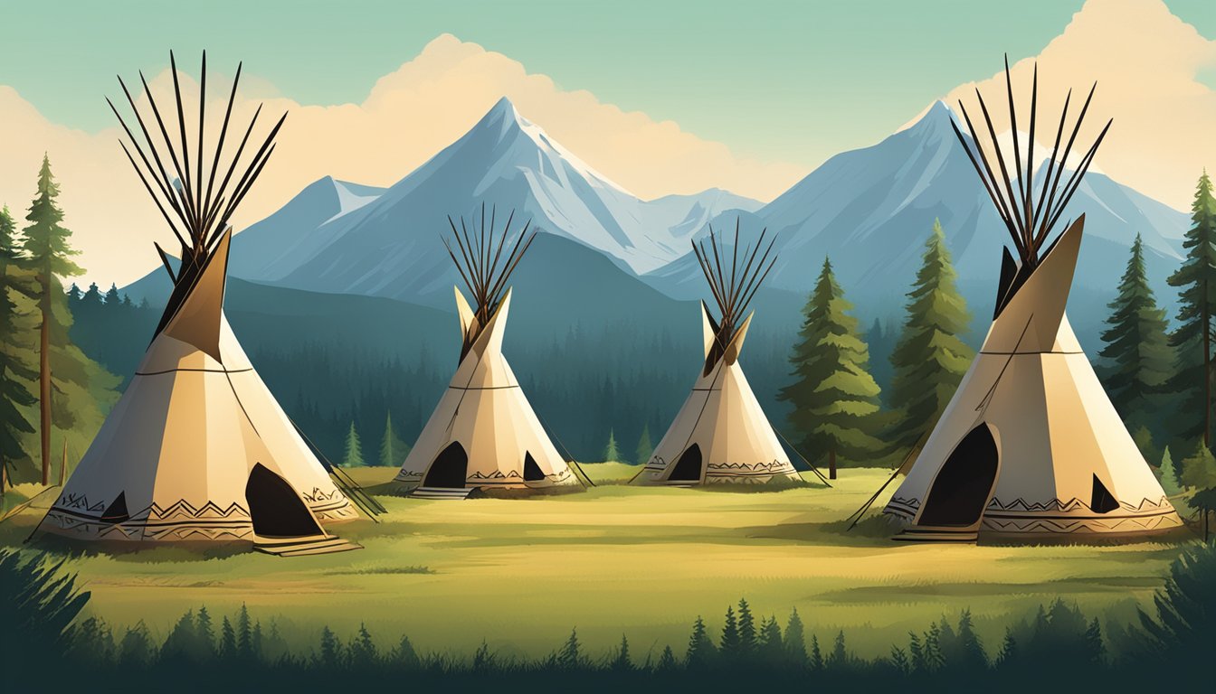 A group of Native American teepees surrounded by a lush forest, with a mountain range in the background