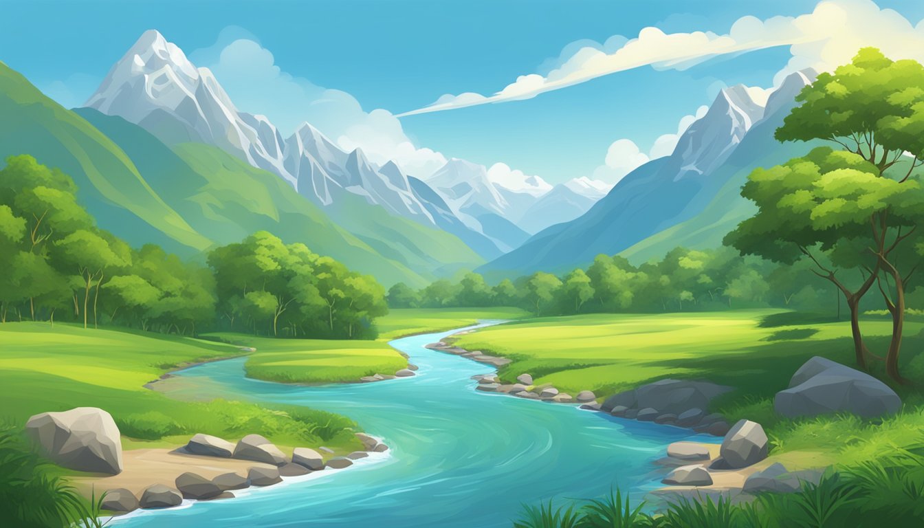 A scenic landscape with a flowing river, towering mountains, and lush greenery under a clear blue sky