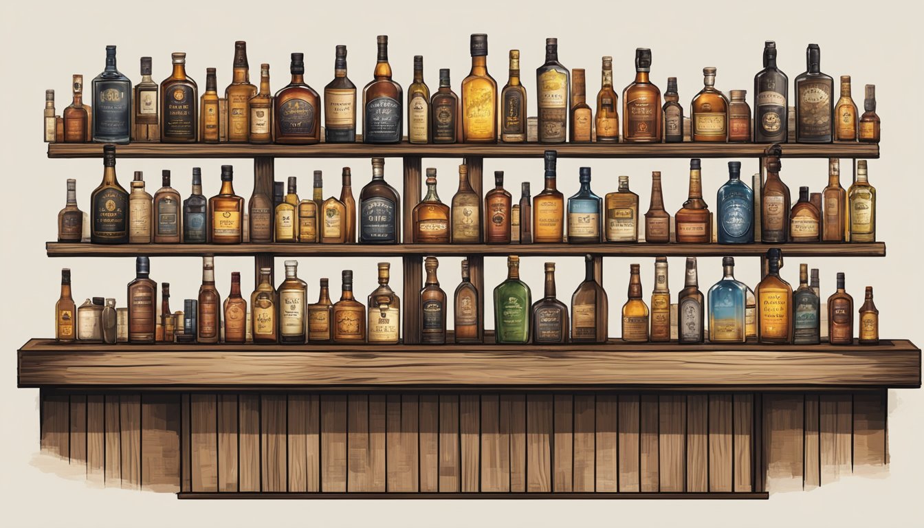 A rustic wooden bar with a row of various whiskey bottles on display, including seasonal variations and special editions