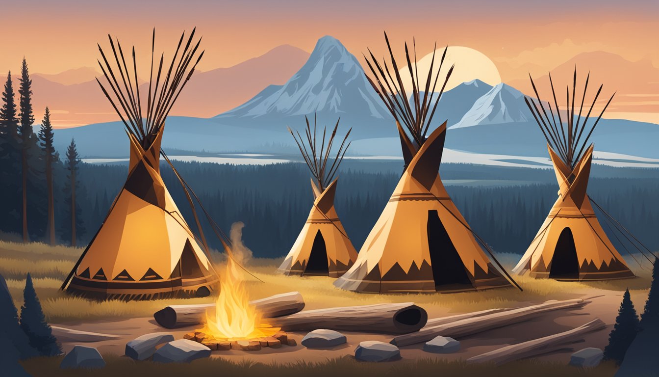 A group of Native American teepees set against the backdrop of the Yellowstone landscape, with a campfire burning in the center