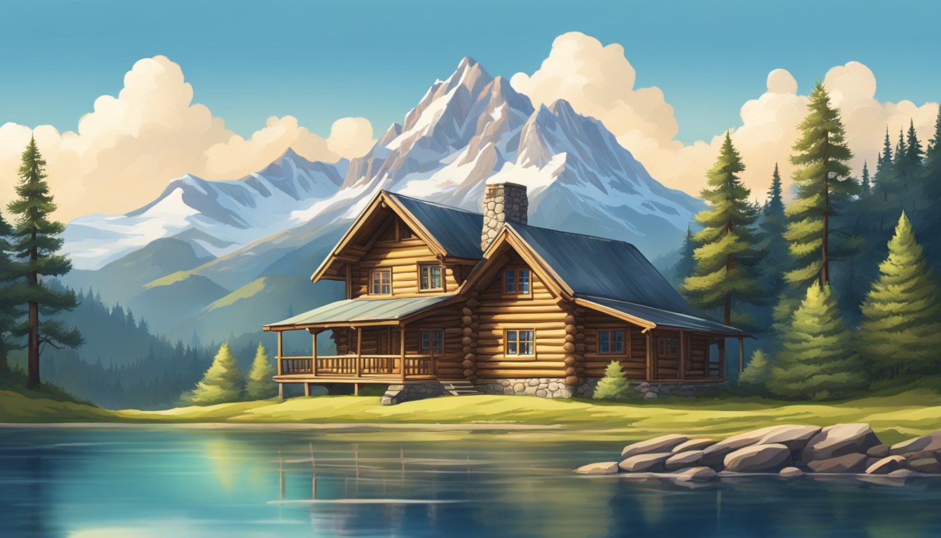 A picturesque landscape with a rustic log cabin nestled among towering pine trees, set against a backdrop of majestic mountains and a clear blue sky