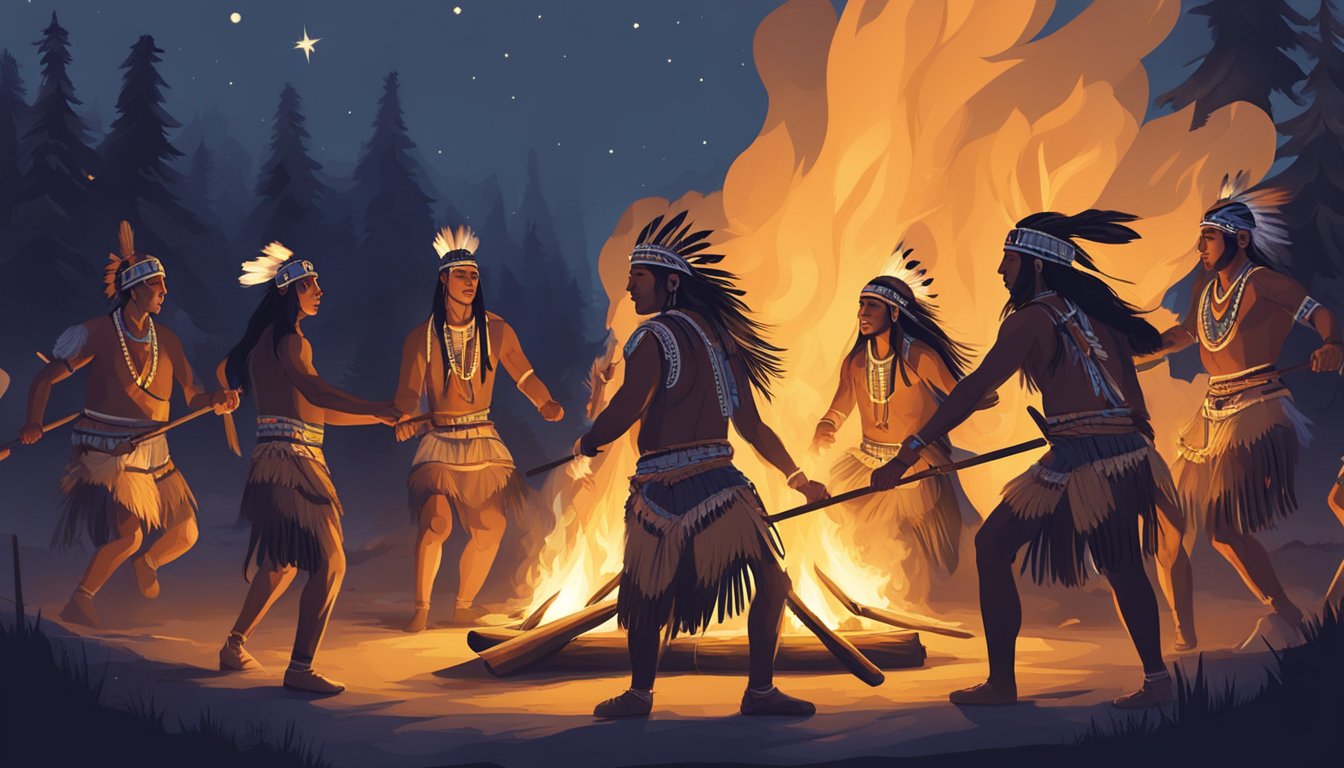 A group of Native American dancers and drummers perform a traditional tribal dance around a bonfire in the wilderness at night