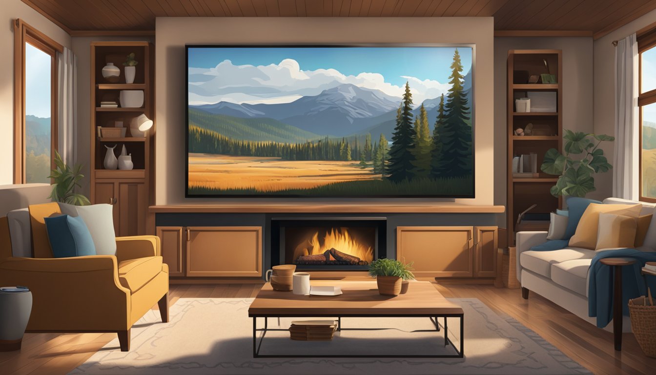 A television screen showing the first episode of Yellowstone series airing on a cozy living room with a fireplace and a mountain view outside