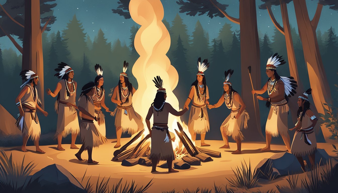 A group of Native American tribal members performing a traditional dance around a campfire in the wilderness