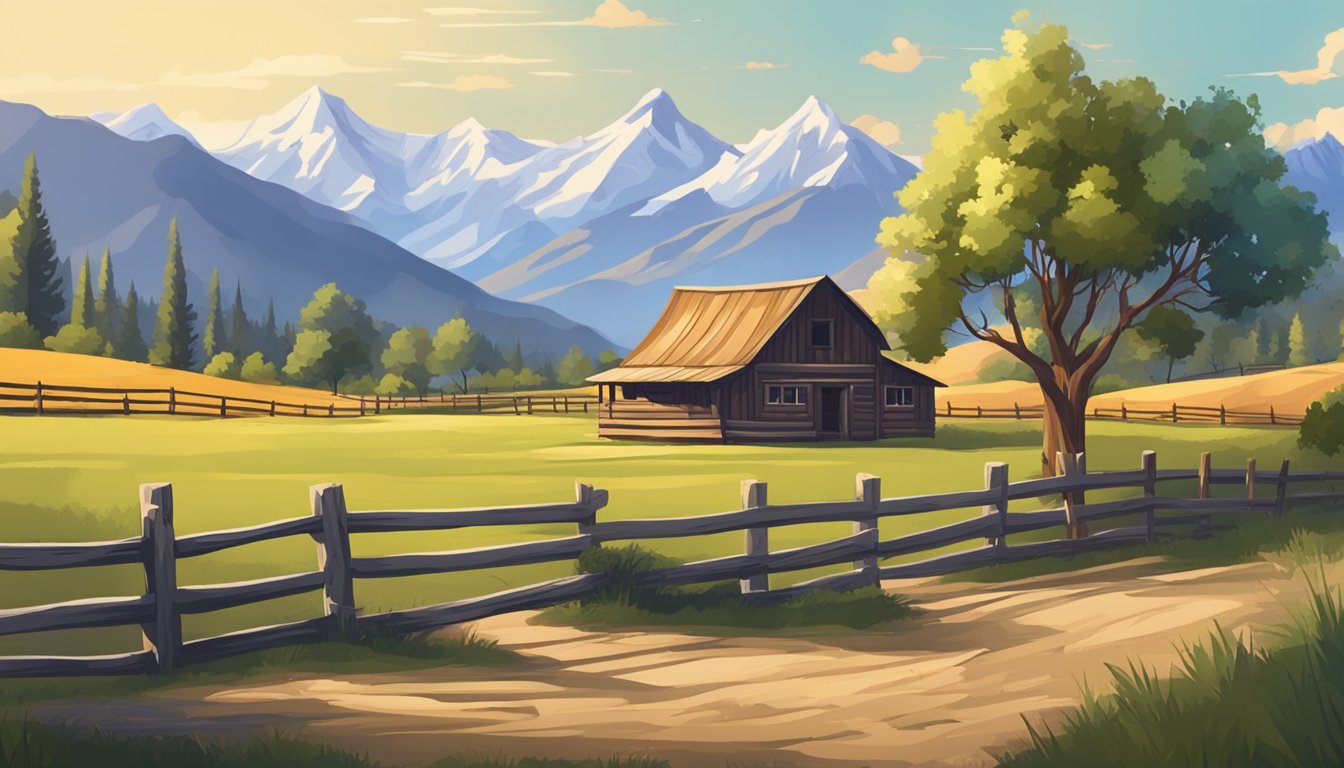 A picturesque landscape with a rustic ranch and mountains in the background