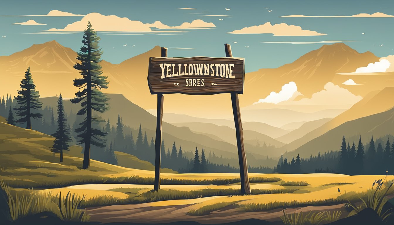 A rustic wooden sign with "Yellowstone Series" and a date carved into it, surrounded by scenic mountains and wildlife