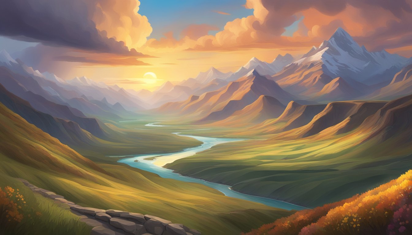 A vast, rugged landscape with rolling hills, towering mountains, and a winding river, all under a dramatic, colorful sky