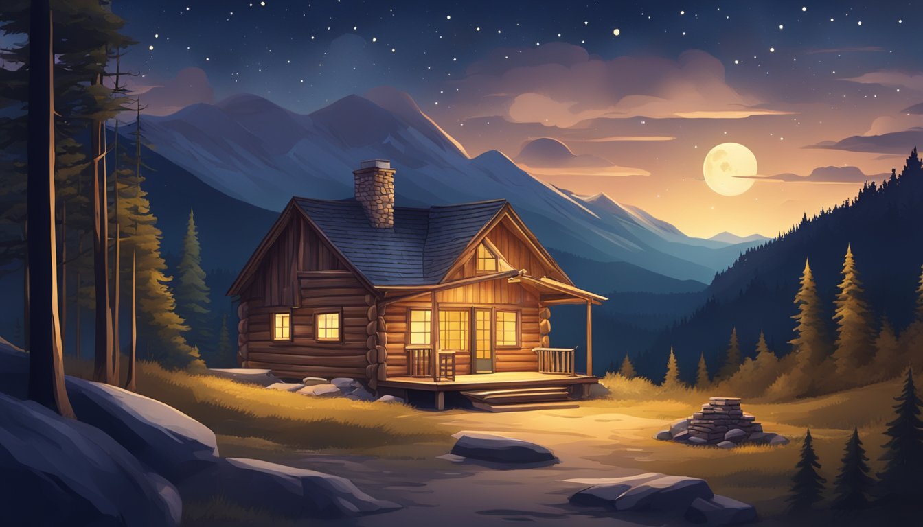 A rustic cabin in a mountainous landscape with a roaring campfire and a starry night sky above