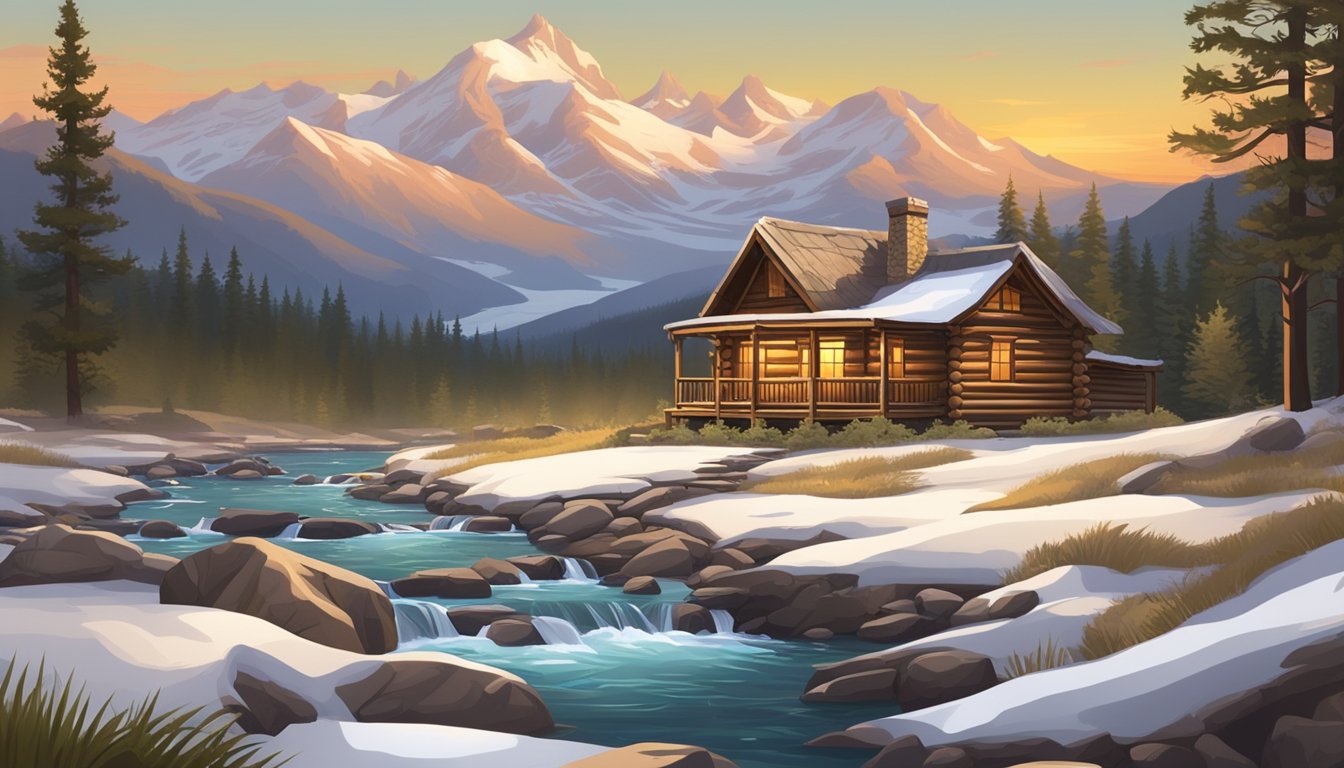 A rugged western landscape with a rustic log cabin and a winding river, set against a backdrop of snow-capped mountains and a dramatic sunset