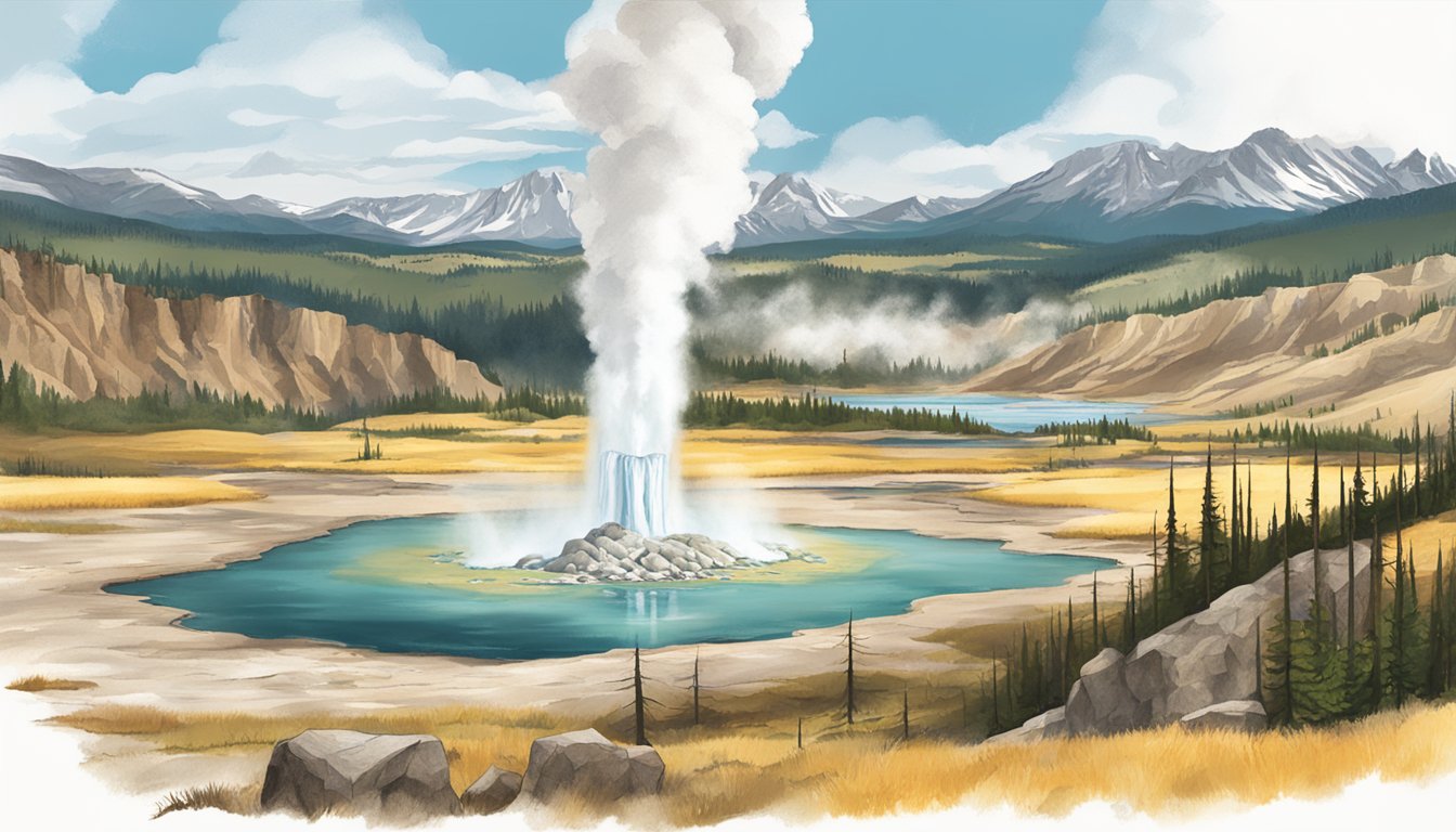 A rugged landscape with geysers and mountains, featuring a prominent Yellowstone sign