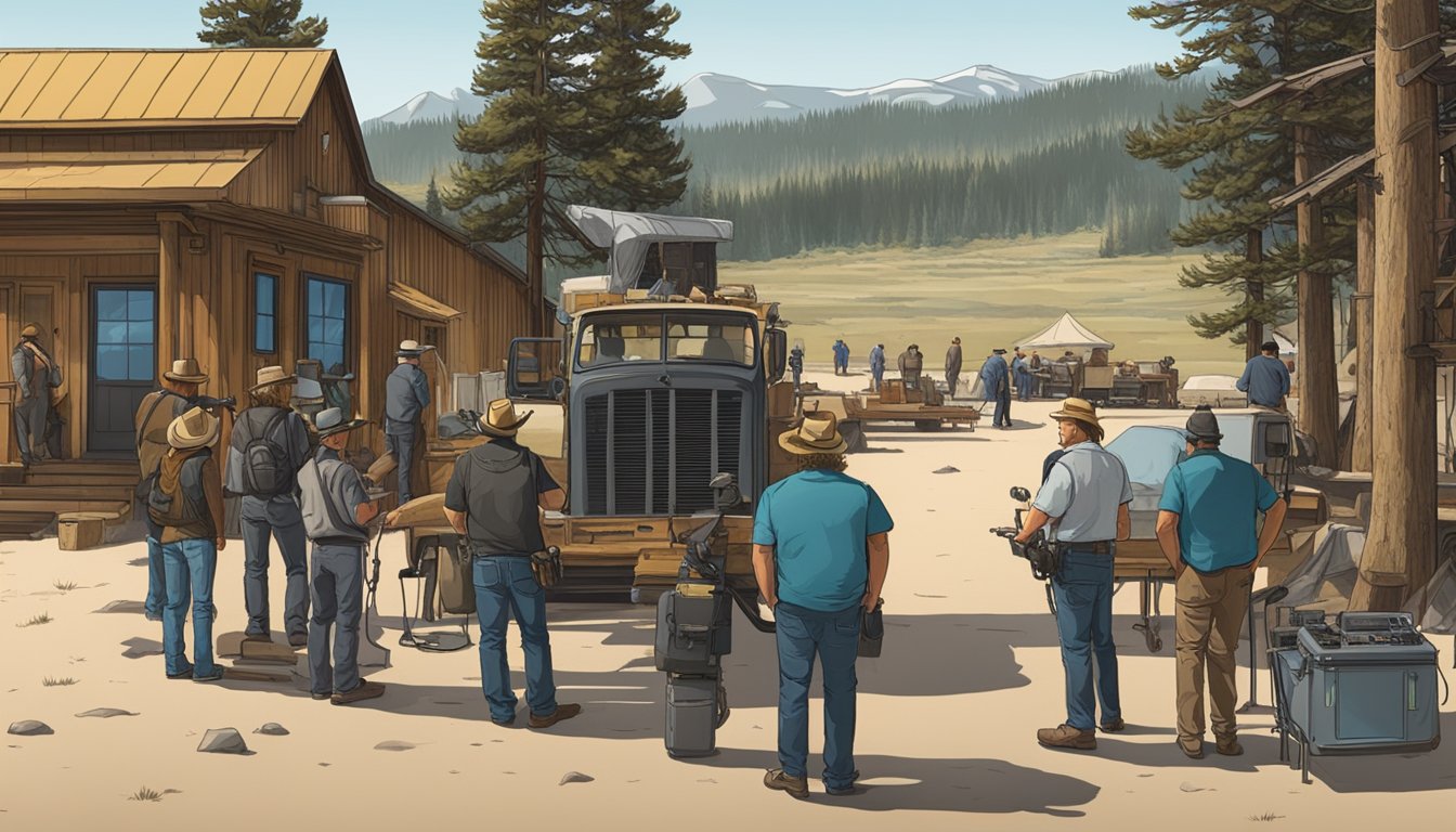 A group of people and equipment on a film set for the TV series "Yellowstone", capturing behind-the-scenes action