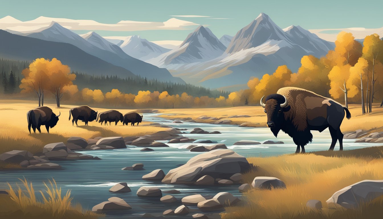 A rugged mountain landscape with a flowing river and a herd of bison grazing in the distance