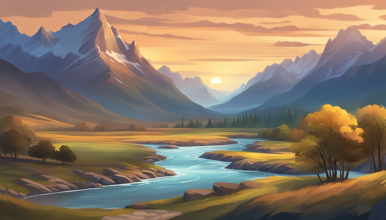 A picturesque landscape with a vast, rugged terrain, featuring a prominent mountain range and a flowing river, set against a dramatic sunset sky