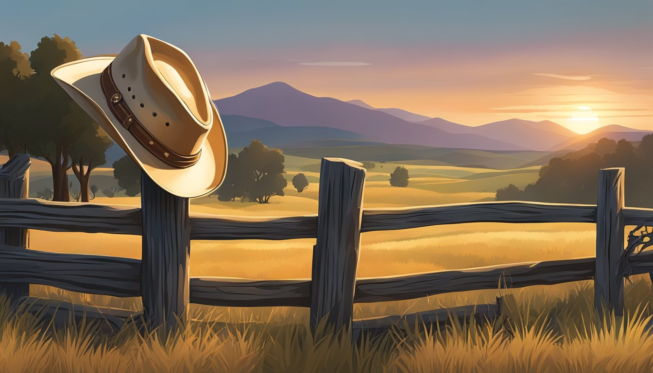 A cowboy hat resting on a weathered wooden fence post, with a backdrop of rolling hills and a setting sun