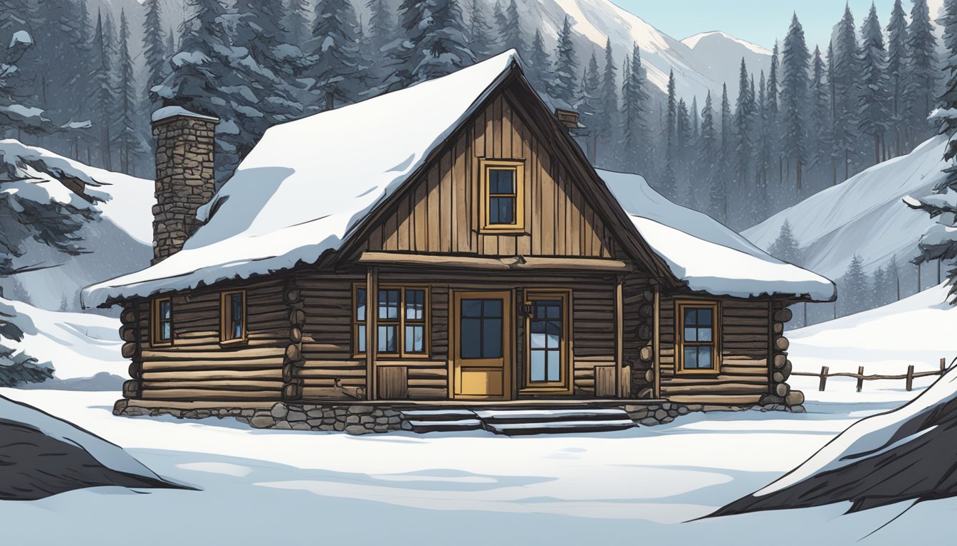 A rustic cabin in a snowy landscape with a sign reading "Yellowstone Season 4 Coming Soon."