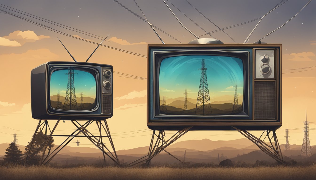 A vintage television set displaying the premiere date for the new Yellowstone series, surrounded by satellite dishes and transmission towers