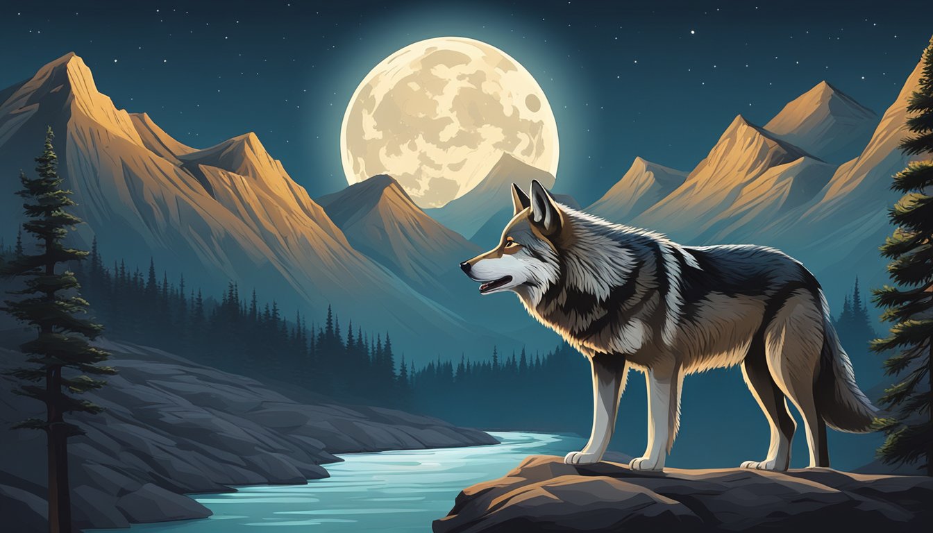 A lone wolf howls under a full moon, surrounded by rugged mountains and a flowing river