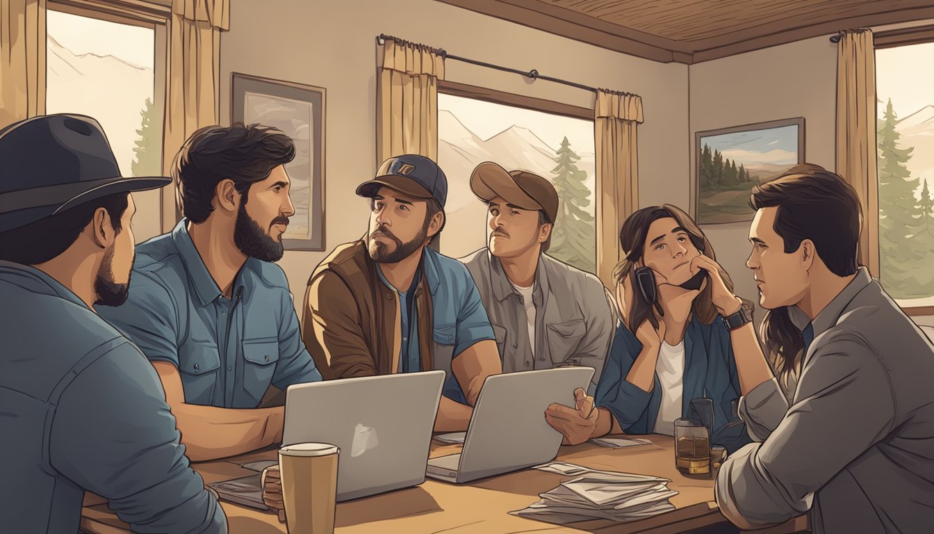 A group of fans eagerly watching the final episode of Yellowstone, discussing and engaging with each other as they anticipate the conclusion of the series