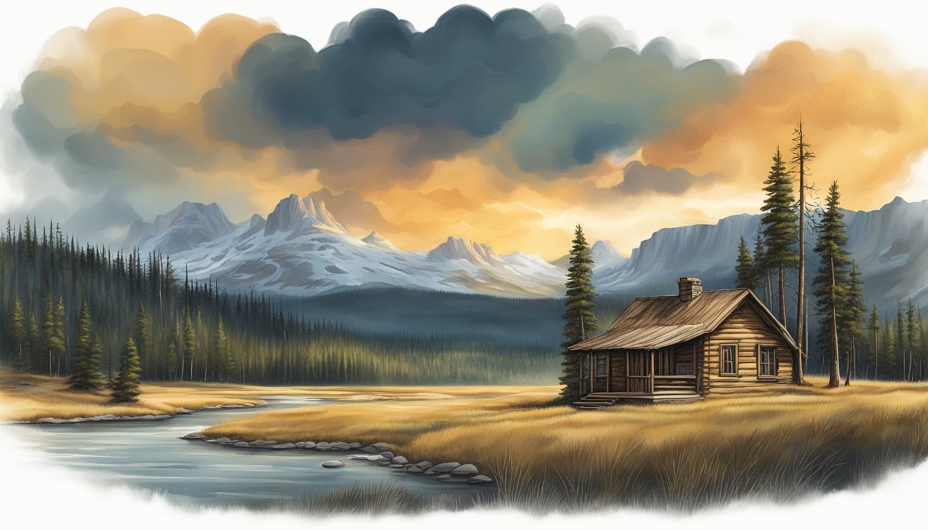 A rugged landscape with a dramatic sky, featuring a lone cabin and surrounding wilderness, hinting at the untamed world of Yellowstone